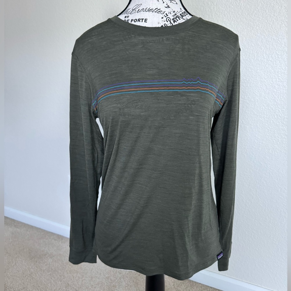 Patagonia Olive Long Sleeve Tee with Stripe Accent